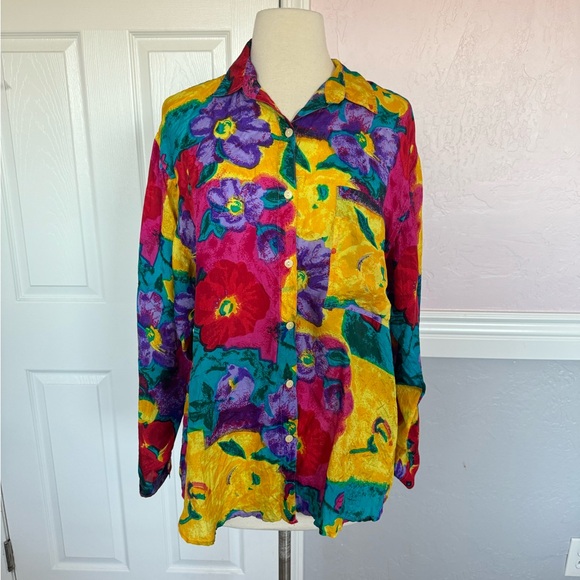 Vintage XPL XPLOSIF Women’s Long Sleeve Floral Blouse Size Medium 100% Silk - Picture 2 of 15